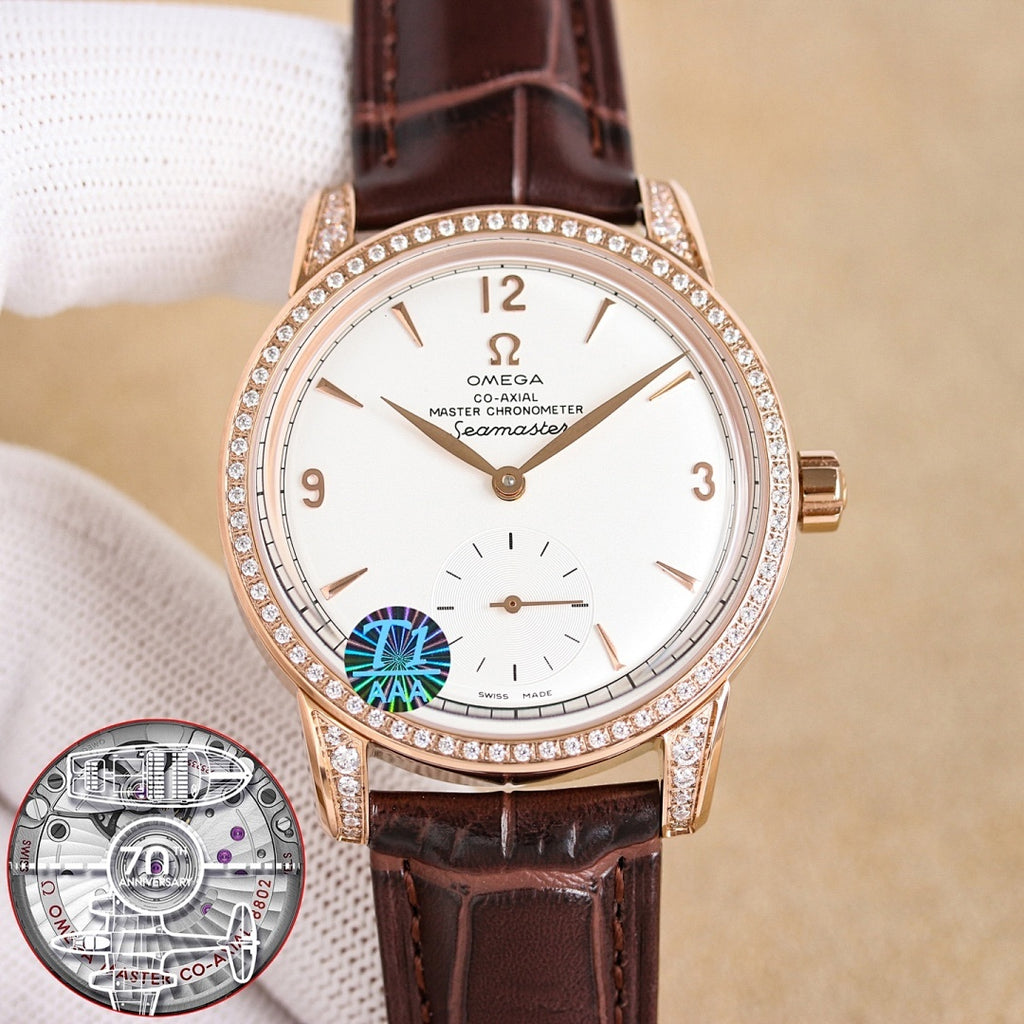 Rose-gold Seamaster watch with white dial, diamond bezel, brown leather strap