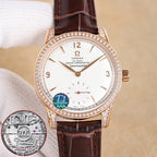 Rose-gold Seamaster watch with white dial, diamond bezel, brown leather strap