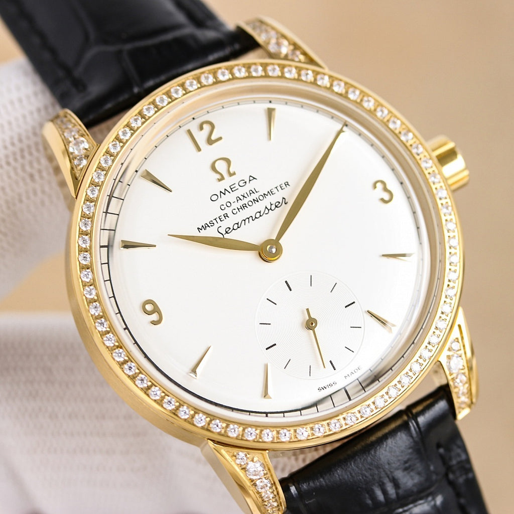 Gold-tone Seamaster watch with white dial, diamond bezel, black leather strap