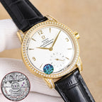 Gold-tone Seamaster watch, white dial, diamond bezel, black leather strap