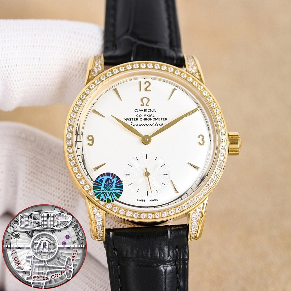 Gold-tone Seamaster watch, white dial and subdials, diamond bezel, black leather strap