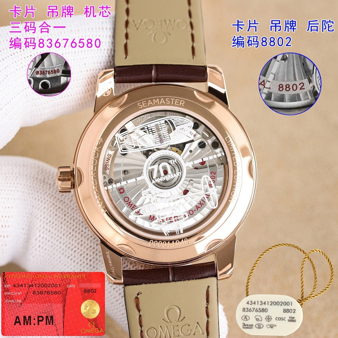 Rose-gold Seamaster watch showing movement through caseback, brown leather strap