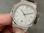 Patek Philippe wristwatch with silver dial, baton markers, date window at 3, steel bracelet