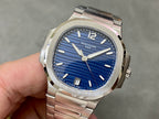 Patek Philippe wristwatch with blue dial and silver stainless bracelet.