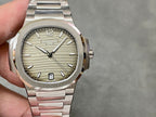 Patek Philippe wristwatch close-up: silver dial with baton hands and date marker, stainless band