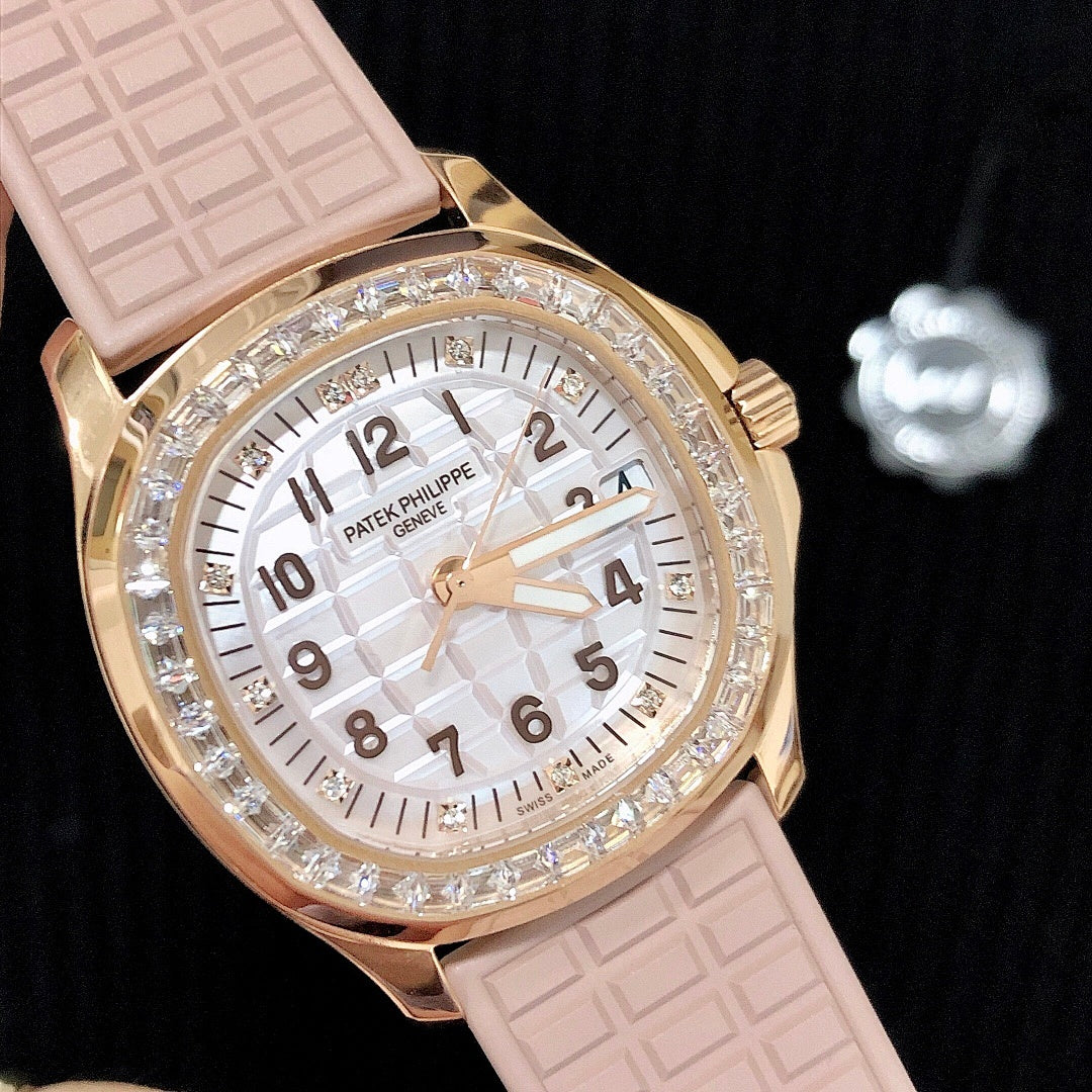 Patek Philippe watch angled view with pink strap, rose-gold case, diamond bezel, white dial