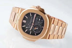 Patek Philippe rose-gold tone wristwatch with black dial and multi-link metal bracelet