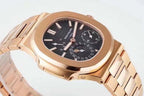 Patek Philippe rose-gold wristwatch front-left angle with black dial and subdials