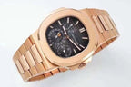 Patek Philippe rose-gold wristwatch angled view with black dial and three subdials