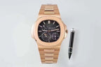 Patek Philippe rose-gold tone wristwatch with black dial and metal link bracelet