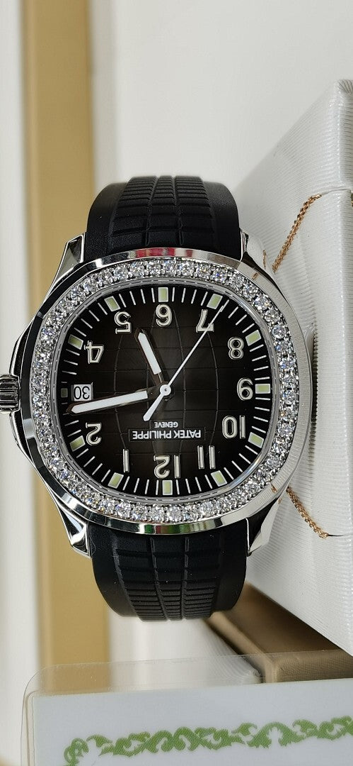 Patek Philippe wristwatch front view with black dial and diamond bezel