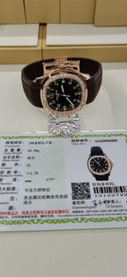 Brown leather strap wristwatch with black dial and diamond-set bezel with papers