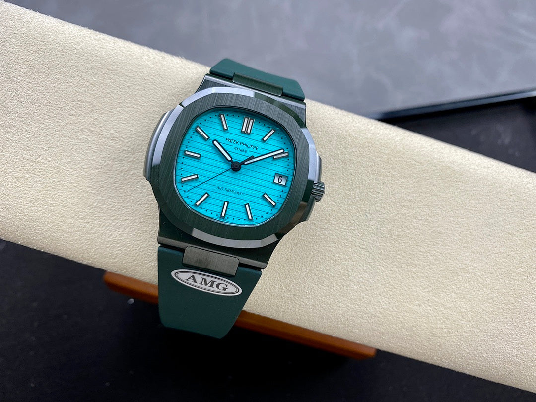 Wristwatch with blue dial, green rubber strap, dark bezel, hour markers