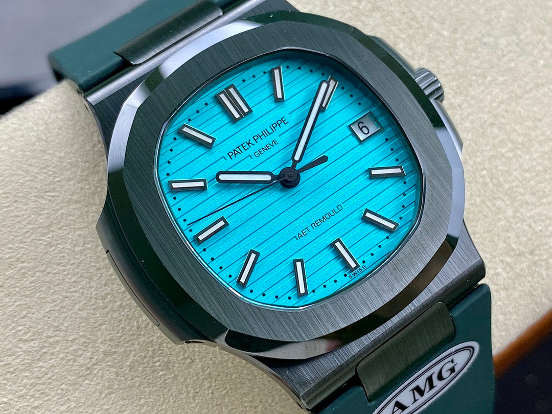 Wristwatch close-up, bright blue dial with hour markers and date window
