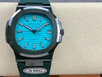 Wristwatch front view, blue dial, green strap, dark bezel, date at 6 o'clock