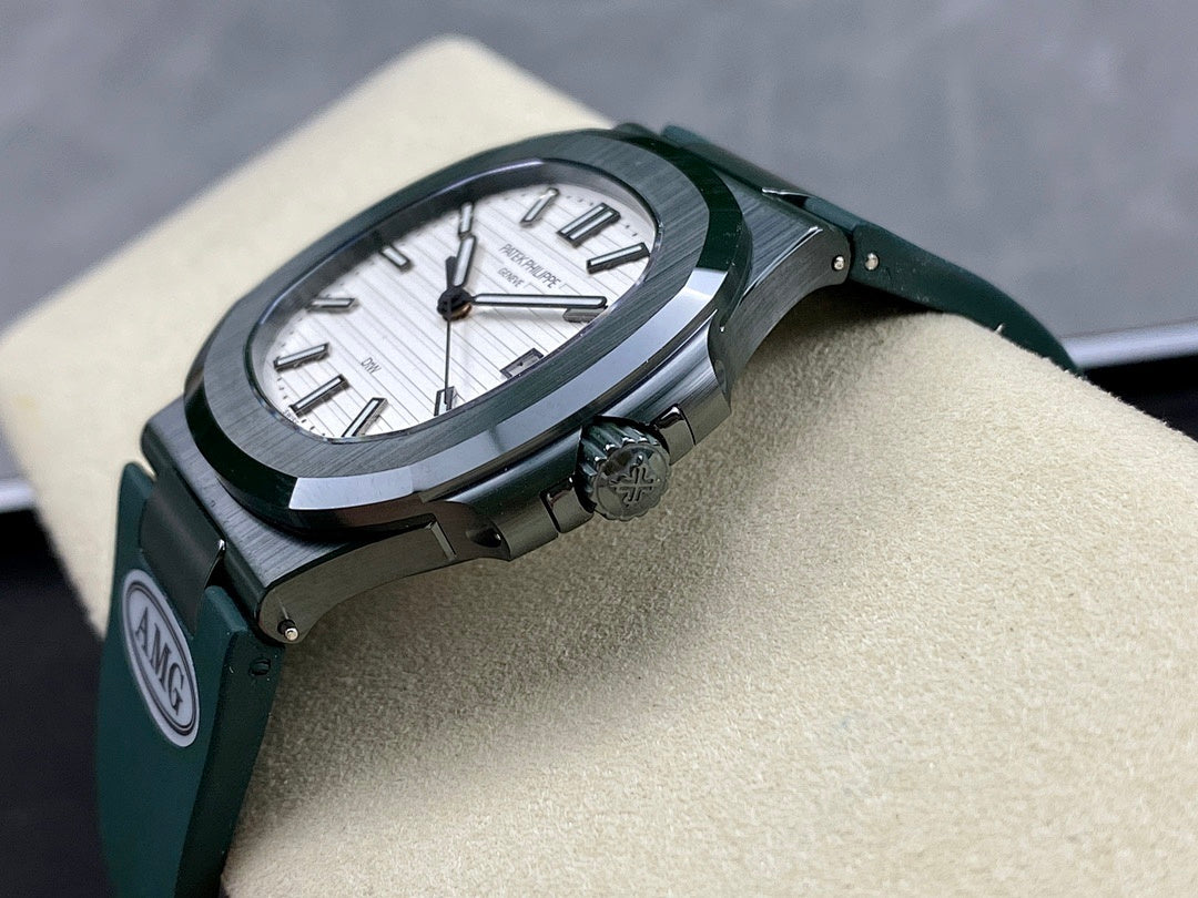 Patek Philippe wristwatch on green strap with silver case and white dial, angled view
