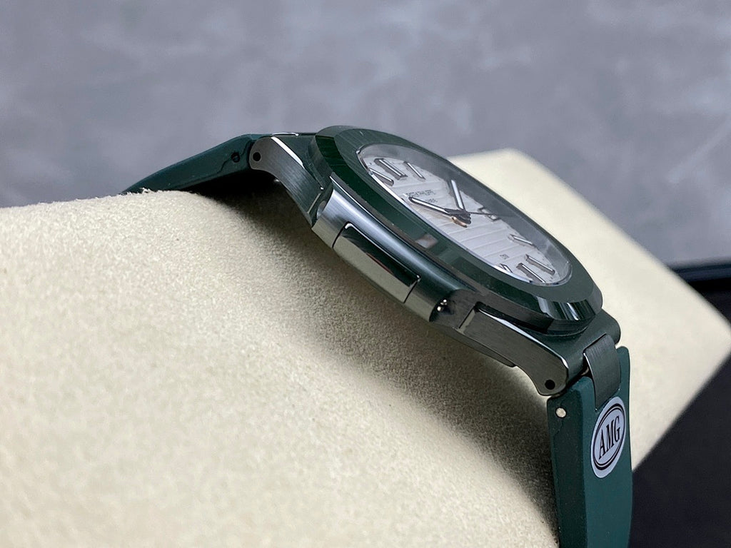 Patek Philippe wristwatch side view with green strap, silver case details, crown visible
