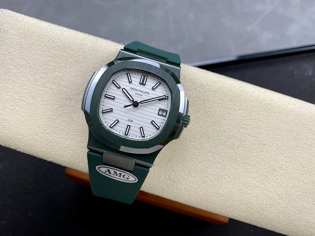 Patek Philippe wristwatch with green strap and white dial, dial hands and date window