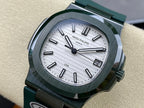 Patek Philippe wristwatch with green rubber strap and silver dial, black hour markers
