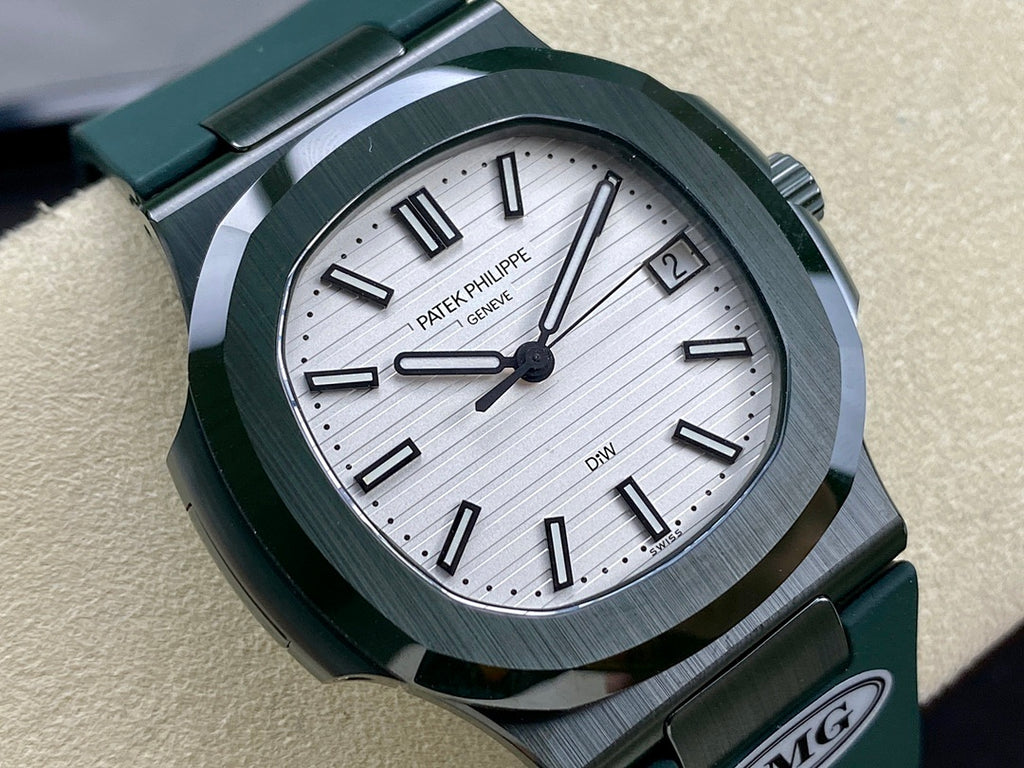 Patek Philippe wristwatch close-up with white textured dial, silver case, green bezel