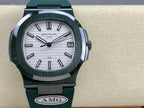 Patek Philippe wristwatch front view with green rubber strap, silver case, white dial
