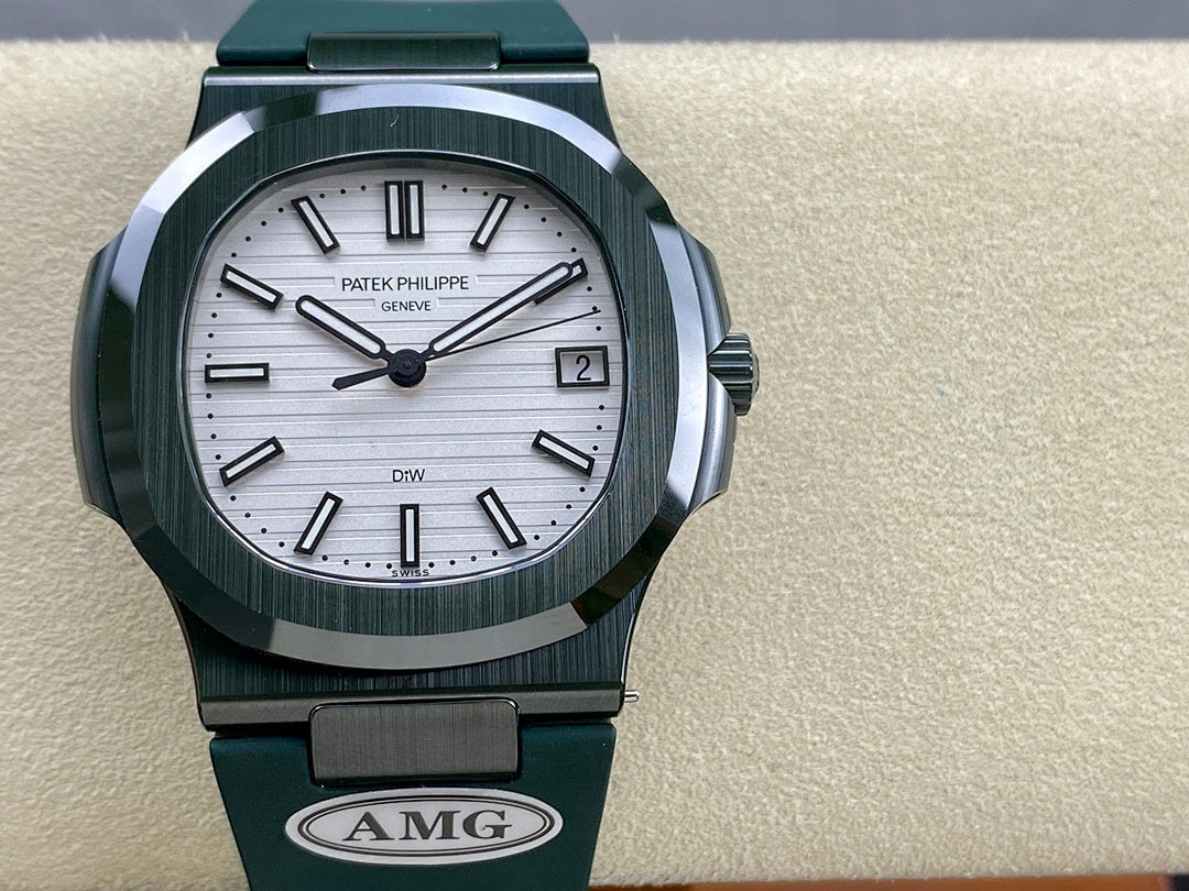 Patek Philippe wristwatch front view with green rubber strap, silver case, white dial