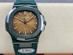 Patek Philippe watch front view with brown dial, dark green bezel, and green strap