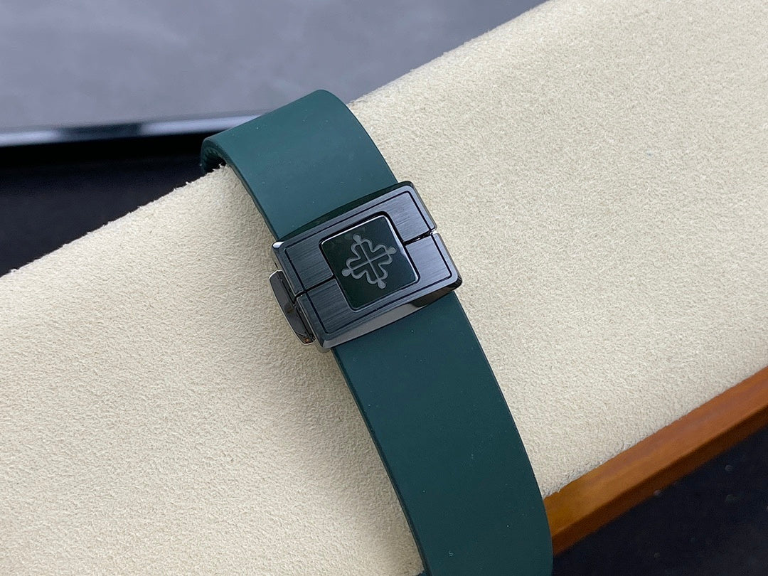 Patek Philippe watch buckle with dark green strap and square clasp