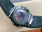 Patek Philippe watch case back with dark green strap and blue dragon engraving