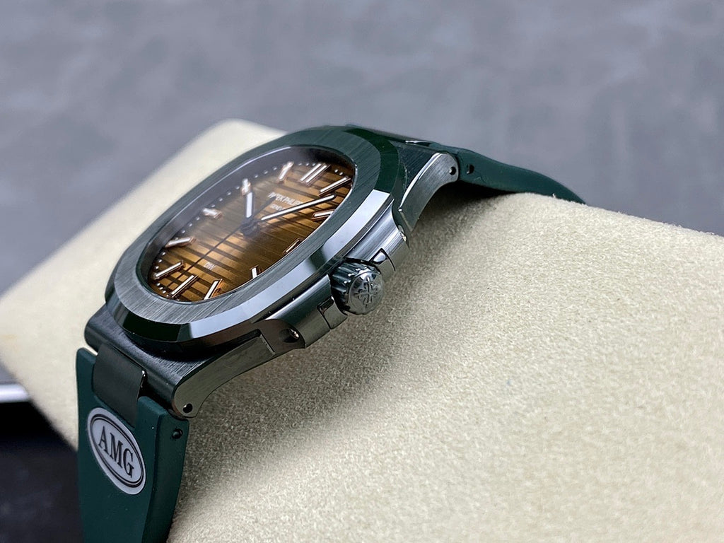 Patek Philippe watch side view with dark green strap and round silver crown