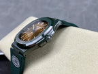 Patek Philippe watch side view with dark green strap and round silver crown