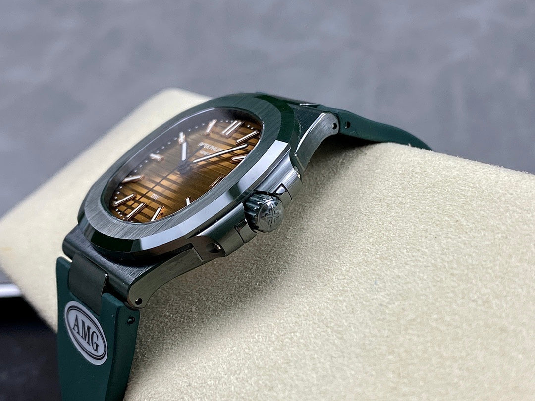 Patek Philippe watch side view with dark green strap and round silver crown
