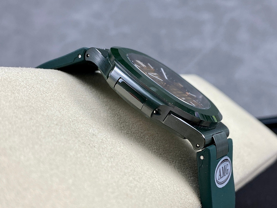 Patek Philippe watch side angle with dark green case, dial window, and AMG tag