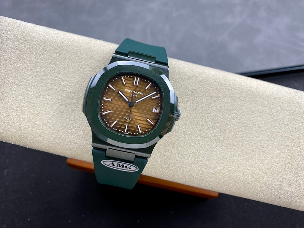 Patek Philippe watch on stand with brown dial and dark green strap