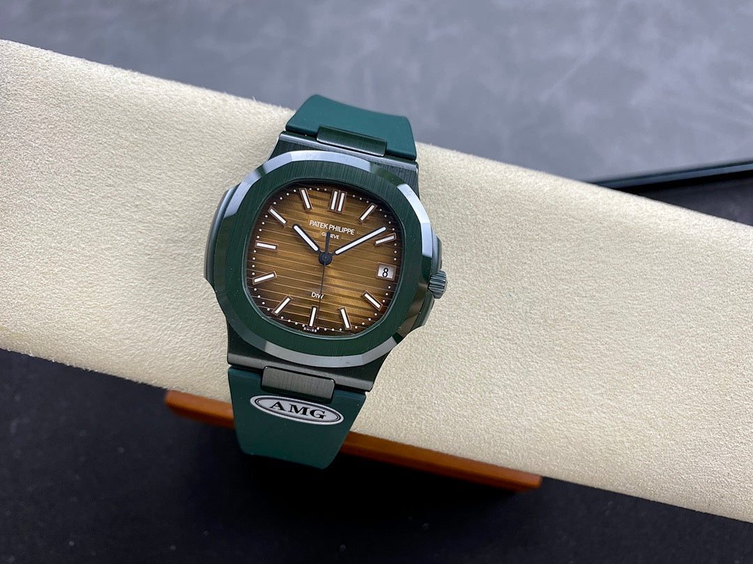 Patek Philippe watch on stand with brown dial and dark green strap