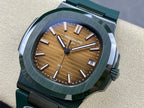 Patek Philippe watch with brown dial and dark green strap, silver bezel detail