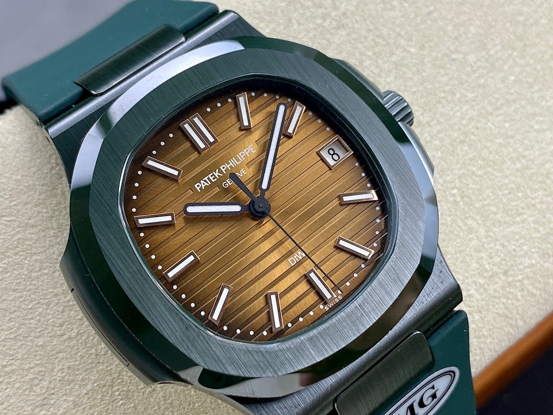 Patek Philippe watch close-up with brown textured dial and silver bezel markings