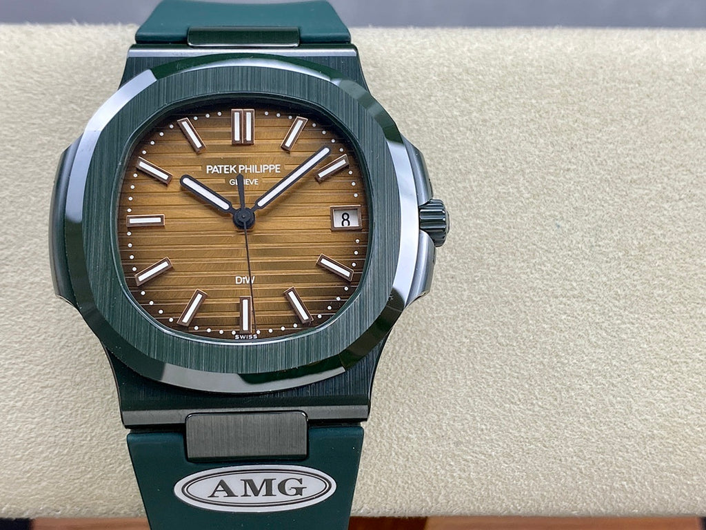 Patek Philippe watch front view with brown dial, dark green bezel, and green strap
