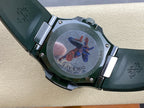 Patek Philippe watch caseback with butterfly engraving, dark green rubber strap