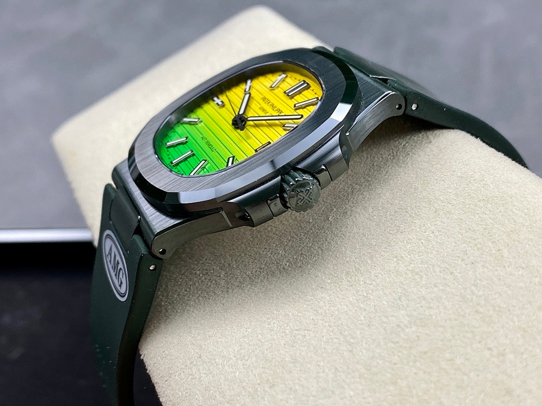 Patek Philippe sports watch on green strap with yellow dial and green accents