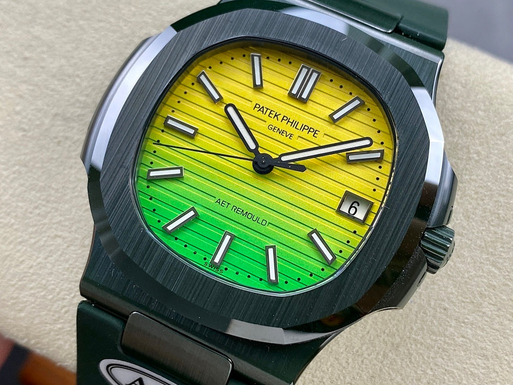 Patek Philippe sports watch with yellow dial and green band, green strap
