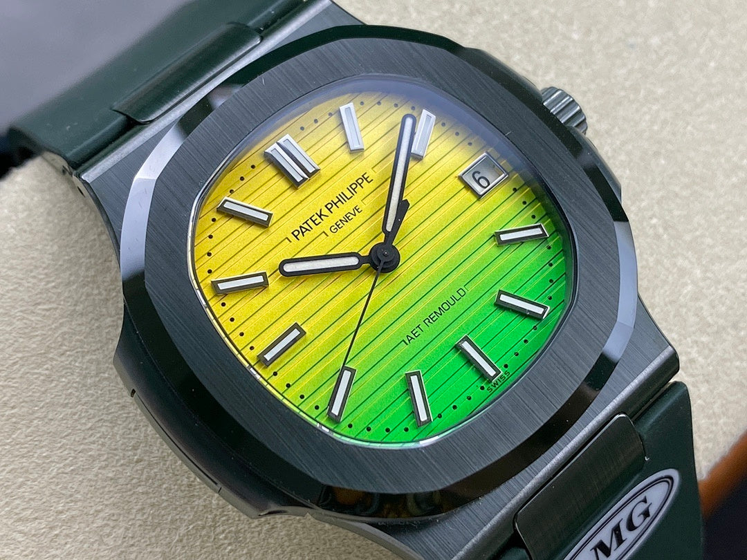 Patek Philippe watch close-up with yellow dial, green lower dial, baton markers