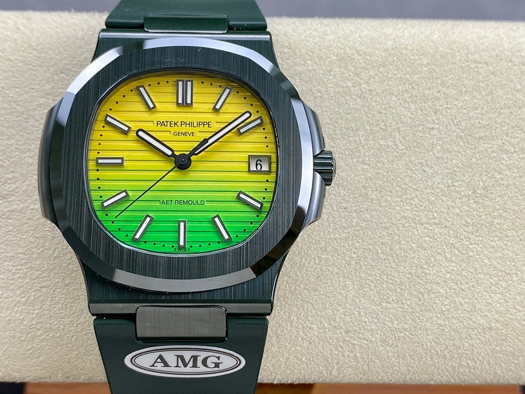 Patek Philippe sports watch front view with yellow dial, green band, AMG strap badge
