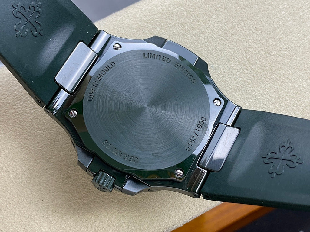Patek Philippe caseback with “LIMITED EDITION”, 1000 marking, green strap and engraved logo