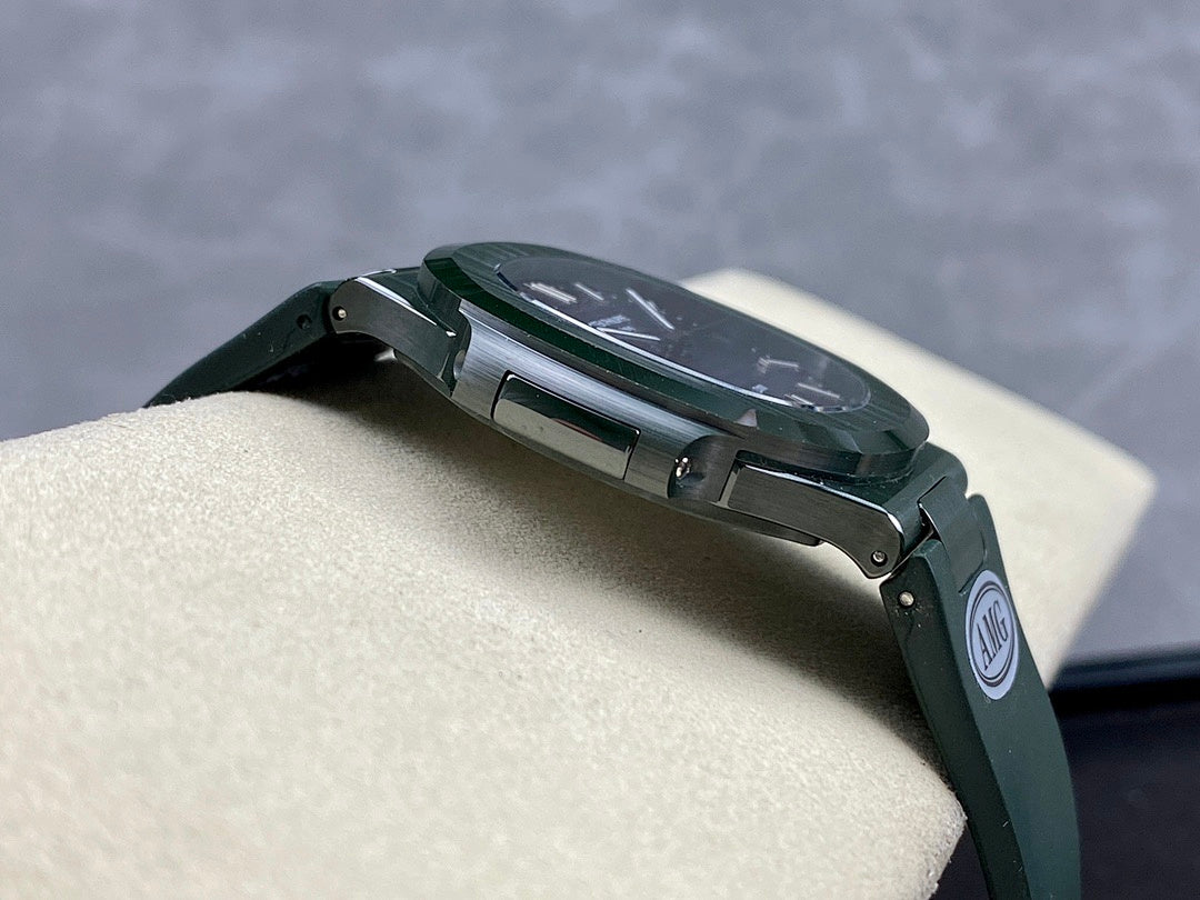 Patek Philippe wristwatch side view with green strap and steel bezel, dark blue dial