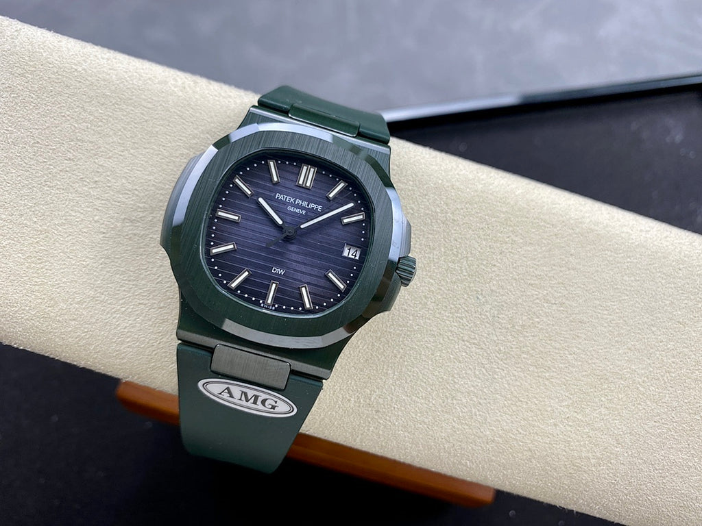 Patek Philippe wristwatch angled front, dark blue dial, green strap, AMG clasp, date at 14
