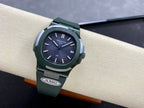 Patek Philippe wristwatch angled front, dark blue dial, green strap, AMG clasp, date at 14