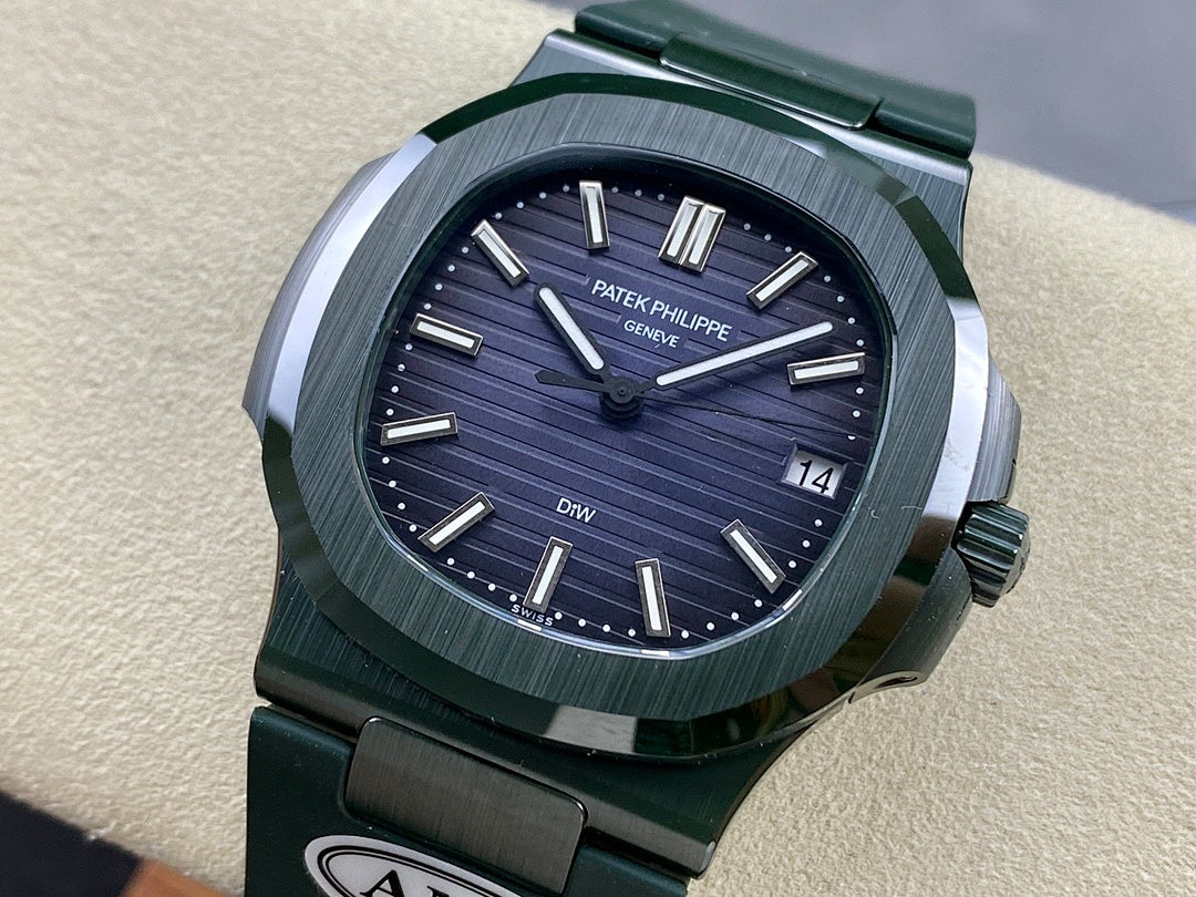 Patek Philippe wristwatch with dark blue striped dial, green strap, silver bezel, date at 14