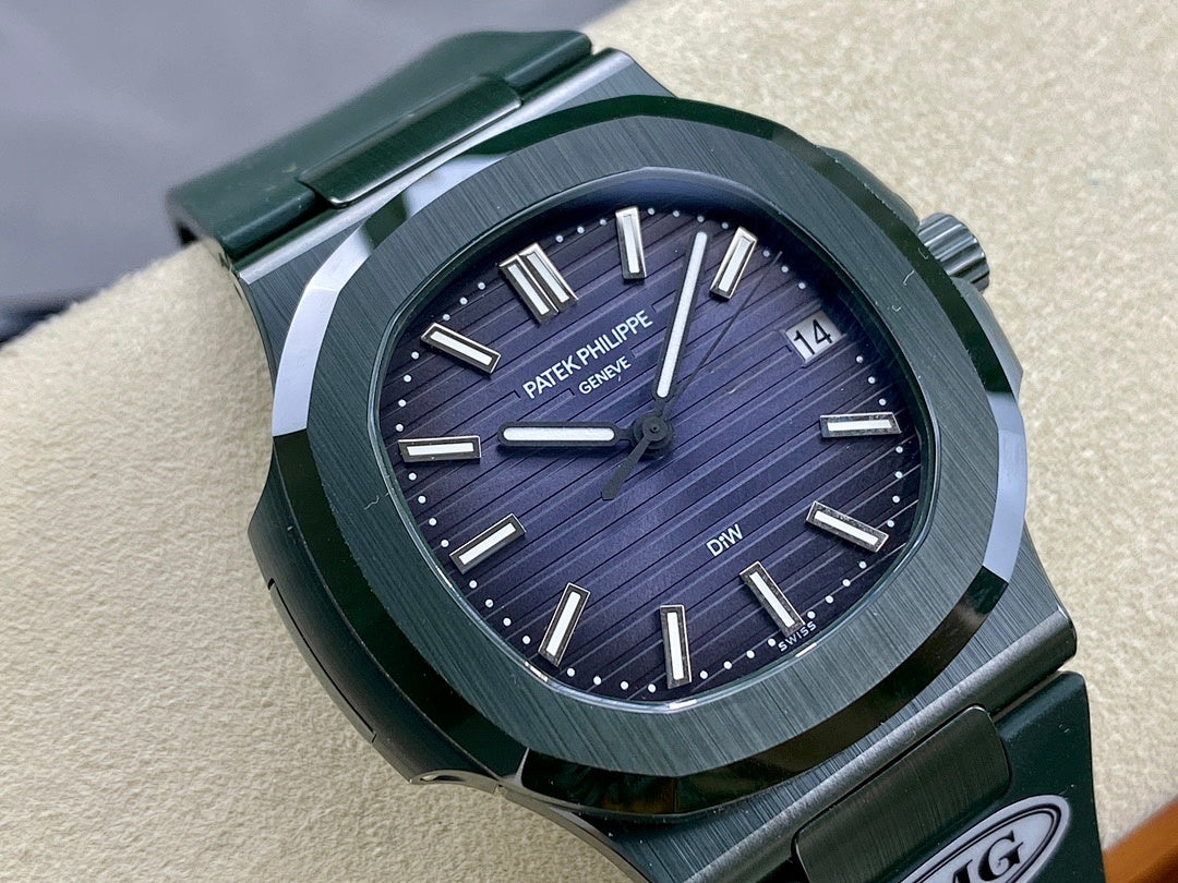 Patek Philippe wristwatch close-up with dark blue striped dial, silver bezel, date at 14