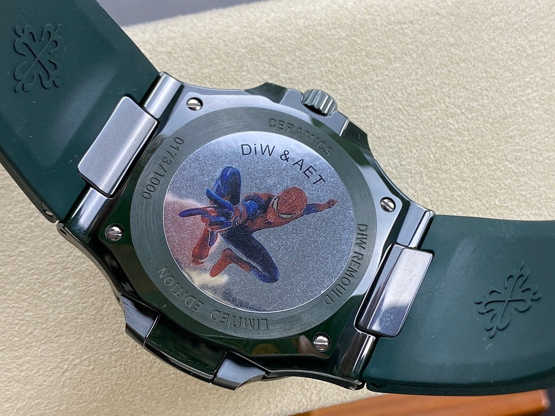 Patek Philippe watch case back with engraved fantasy illustration and dark teal strap.